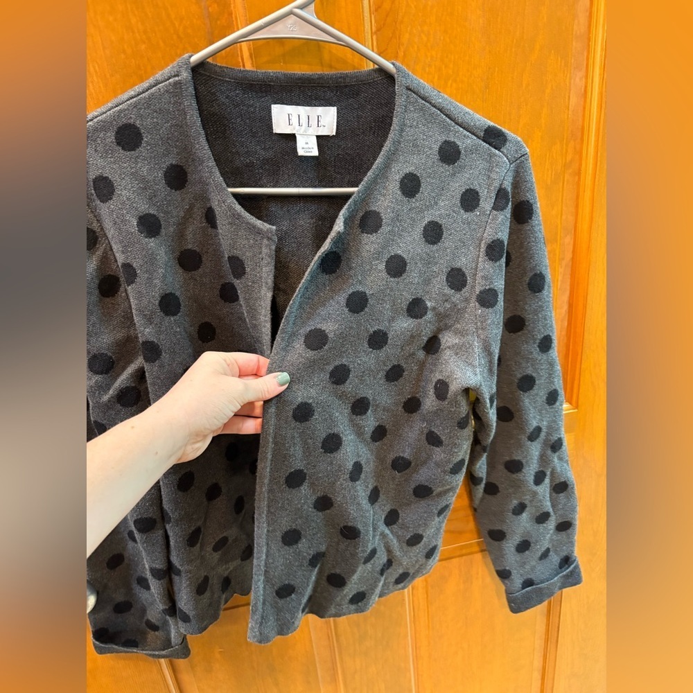 Elle Women’s Charcoal Gray Open-Front Cardigan With Black Polka Dots Size M - Picture 2 of 7